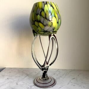 Vintage Jozefina Krosno Art Glass Vase Green Mottled Jellyfish Stem Sculptural